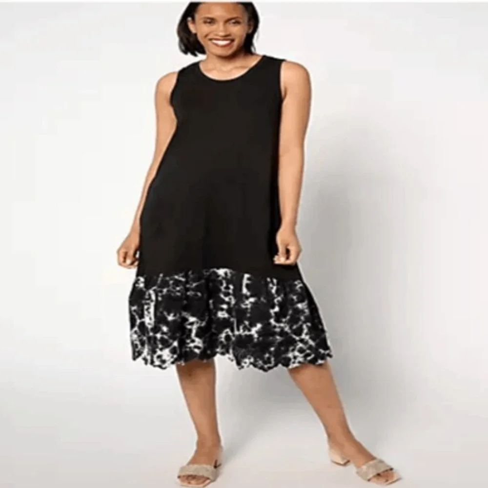 LOGO Lori Goldstein Cotton Modal Tank‎ Dress Black Tie-Dye Scallop Hem Medium
